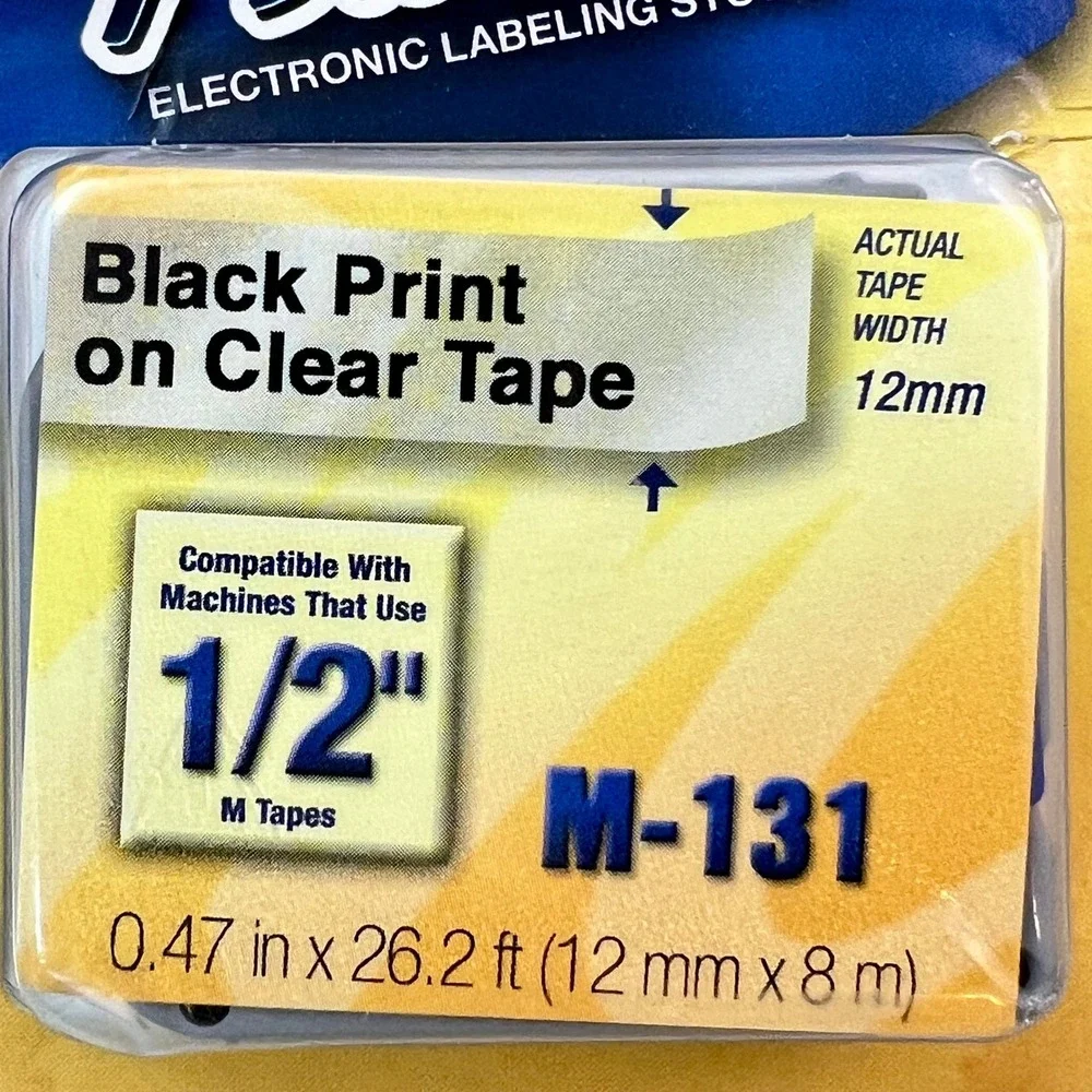 Brother M-131 P-Touch Label Tape 1/2 Inch Black on Clear NEW M-Series 12mm x 8m
